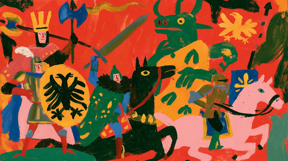 A painted battle scene of knights on horseback in red, green and yellow